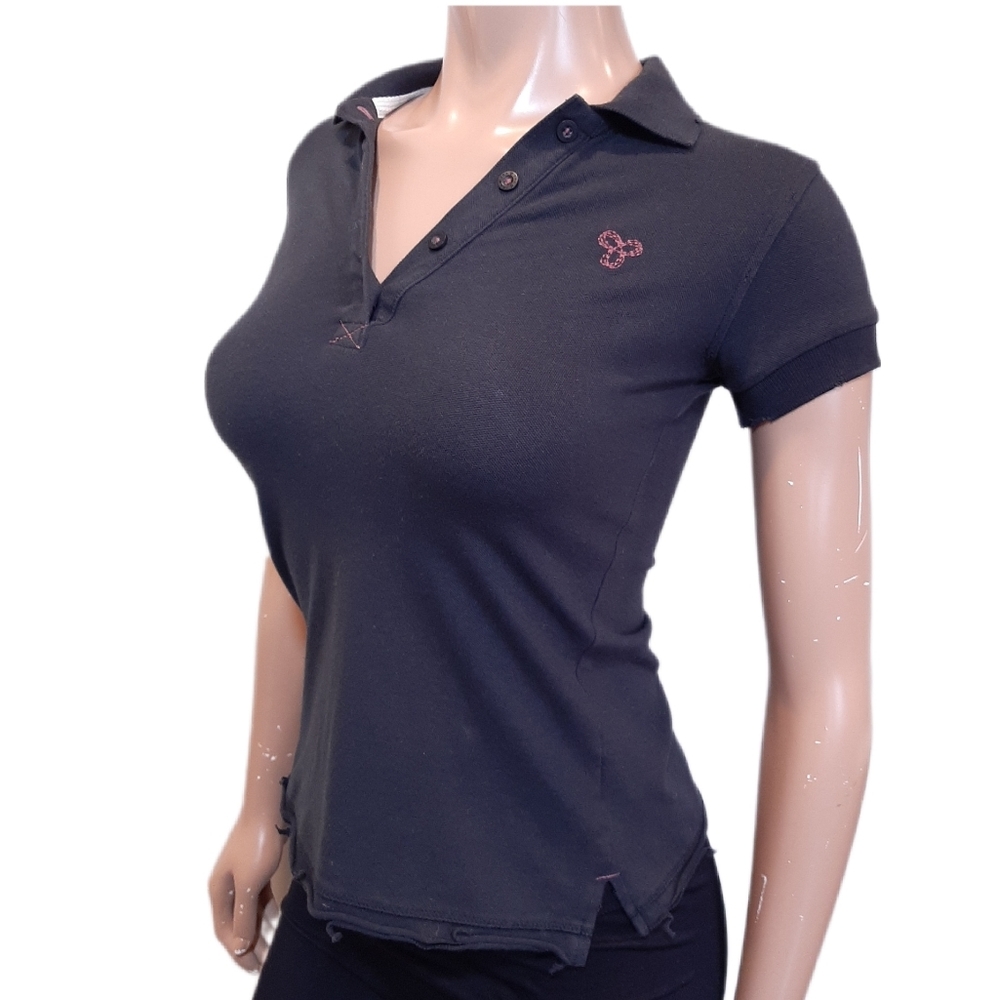TNA Aritzia Distressed Polo Shirt Raw Edge Golf Tee Black Top Size XXS Preppy